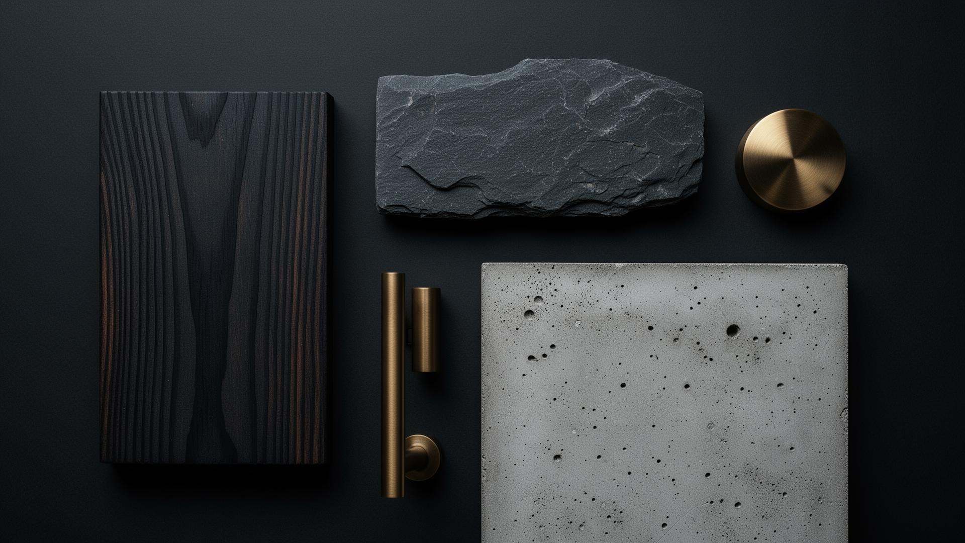 Material palette: charred timber, schist stone, brushed bronze, concrete